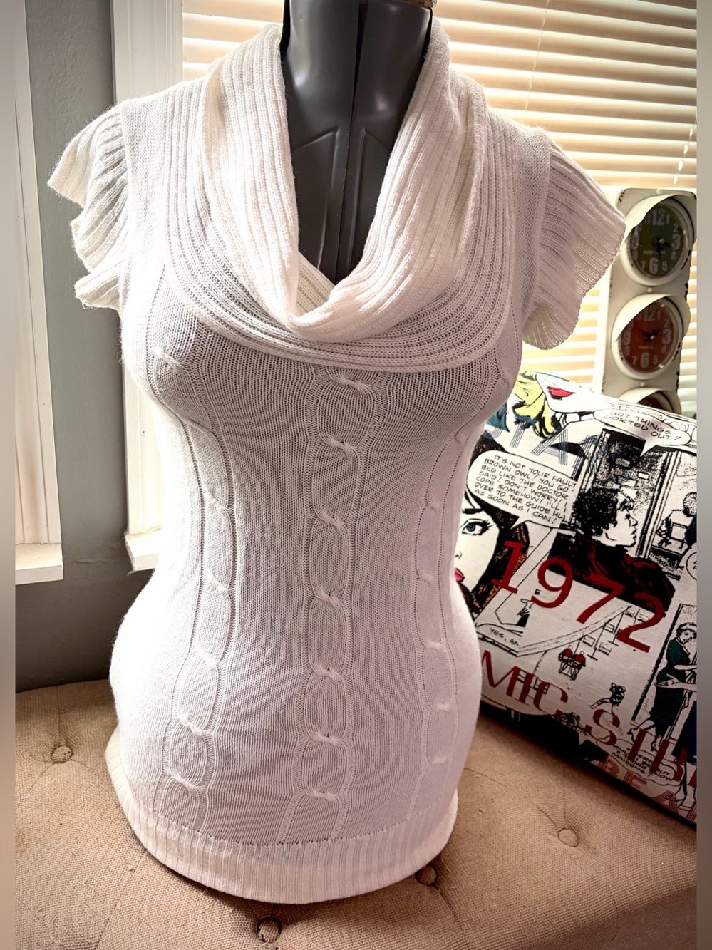 Ambiance Cream Sleeveless Cowl Neck Cable Knit Sweater
